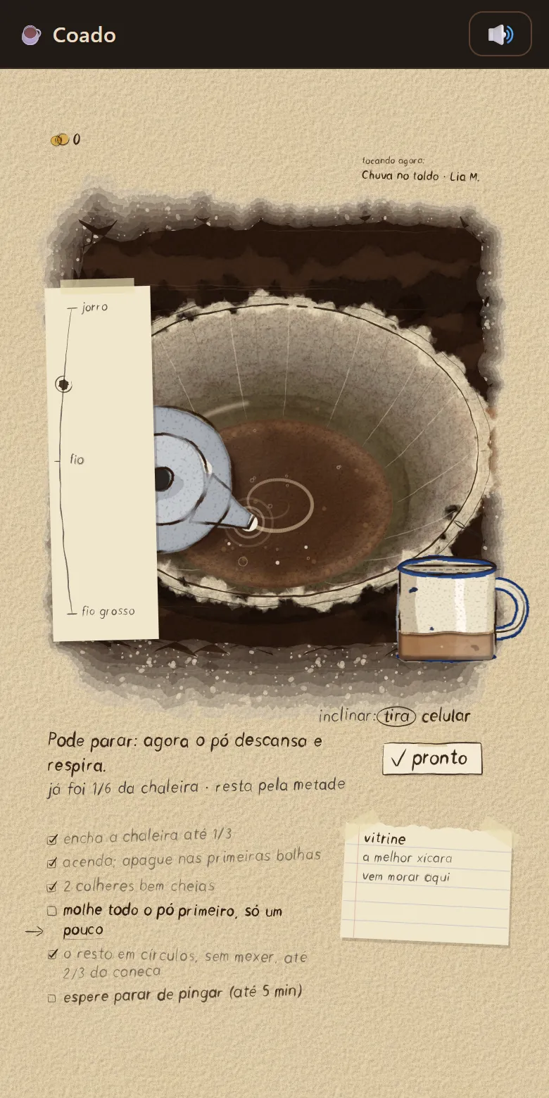 Coado: o café sendo passado, de perto